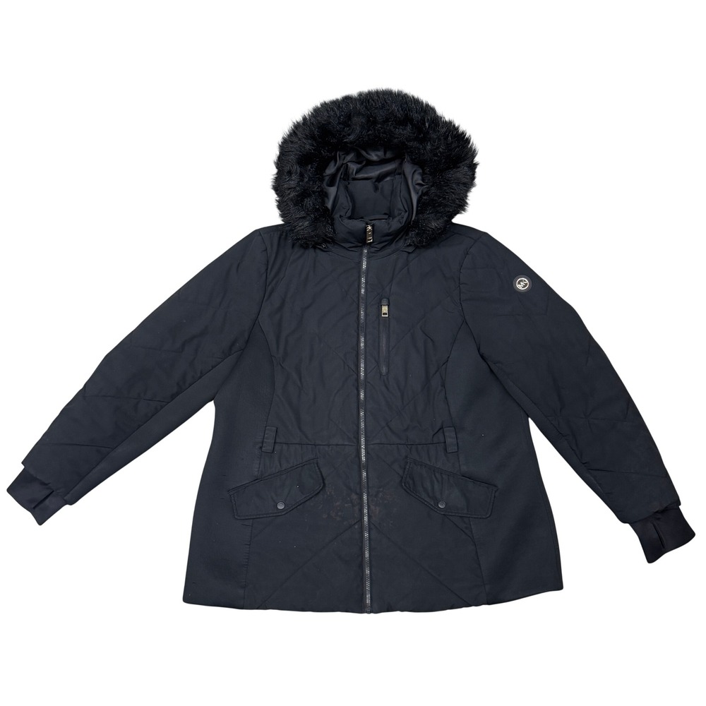 Michael Kors Womens Black Quilted Puffer Jacket Faux Fur Hood MK Logo Coat L